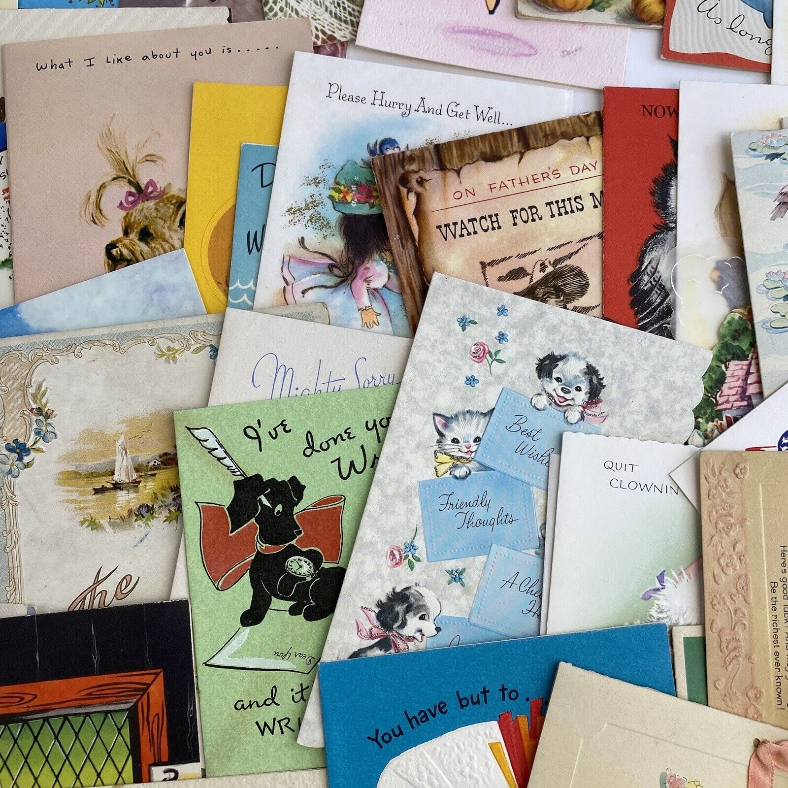 Vintage Greeting Card Lot Of 65 For Crafting Etc Kids Kittens Dogs Floral Etc