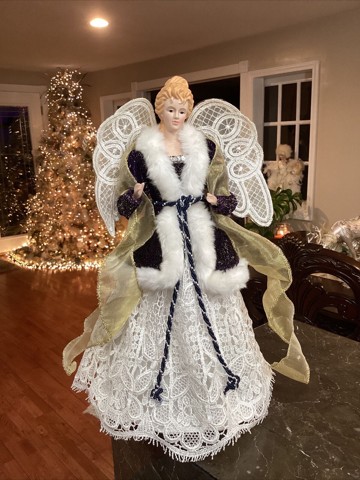 Christmas Angel  Tree Topper 17”  Victorian White Gold  Lace Gown Crochet Wings
