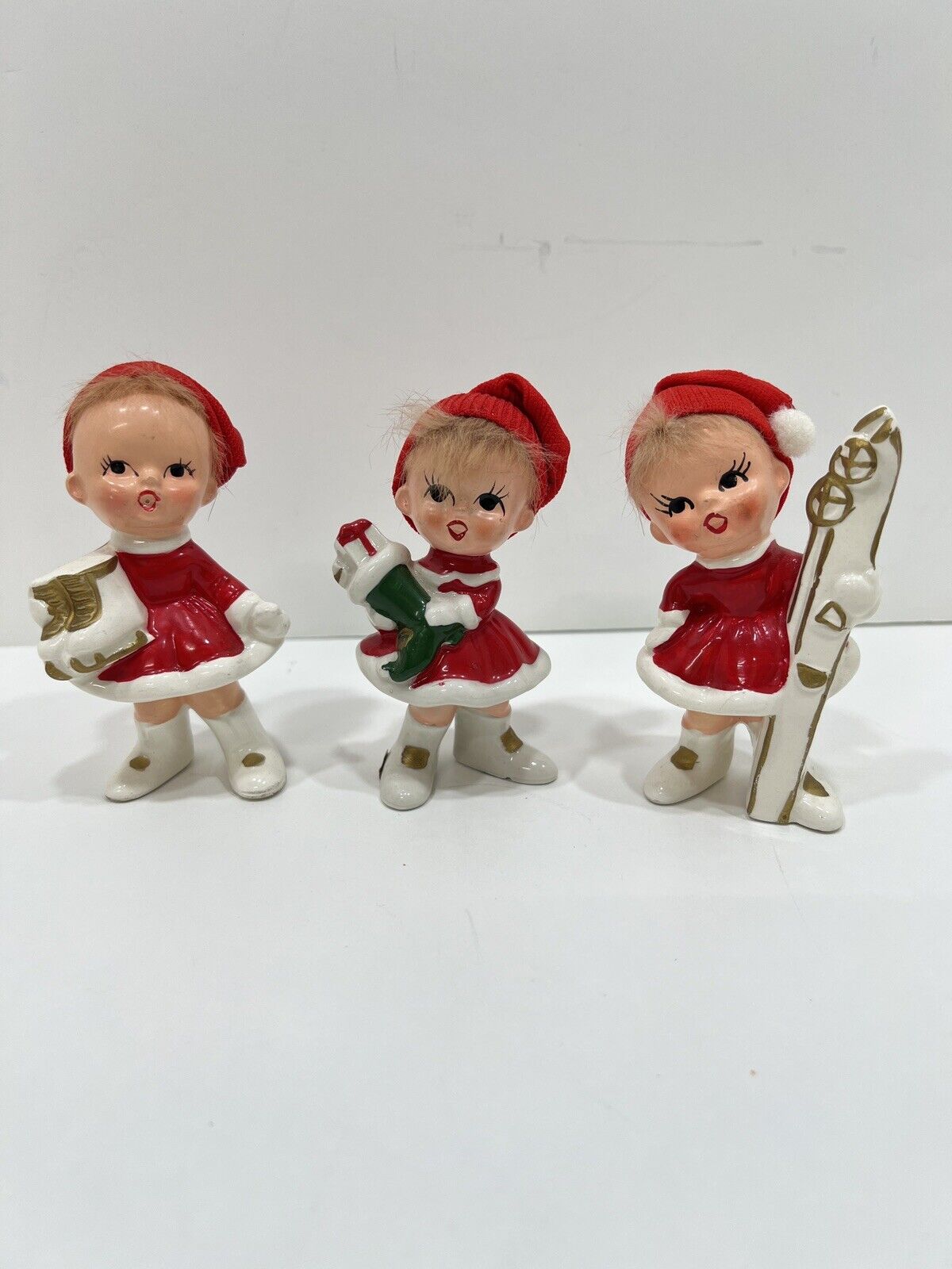 Set of 3 VTG Napco Christmas Girl Elf Hair Fabric Cap Skates & Skis Figurine Set