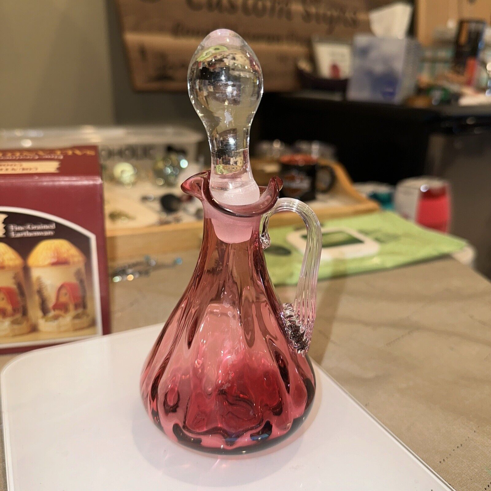 VINTAGE CRANBERRY / CLEAR GLASS SMALL HANDLED JUG W/STOPPER 7\