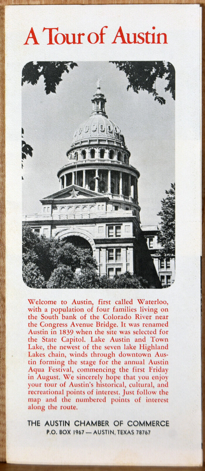 1970s Brochure A Tour of Austin Texas Waterloo Colorado River City Town Lake