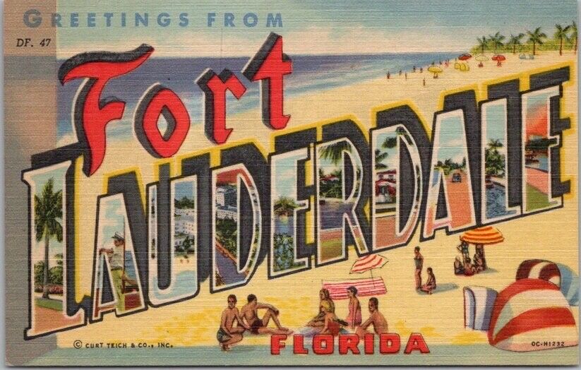 FORT LAUDERDALE Florida Large Letter Postcard Bathing Beach Scene / Linen 1950