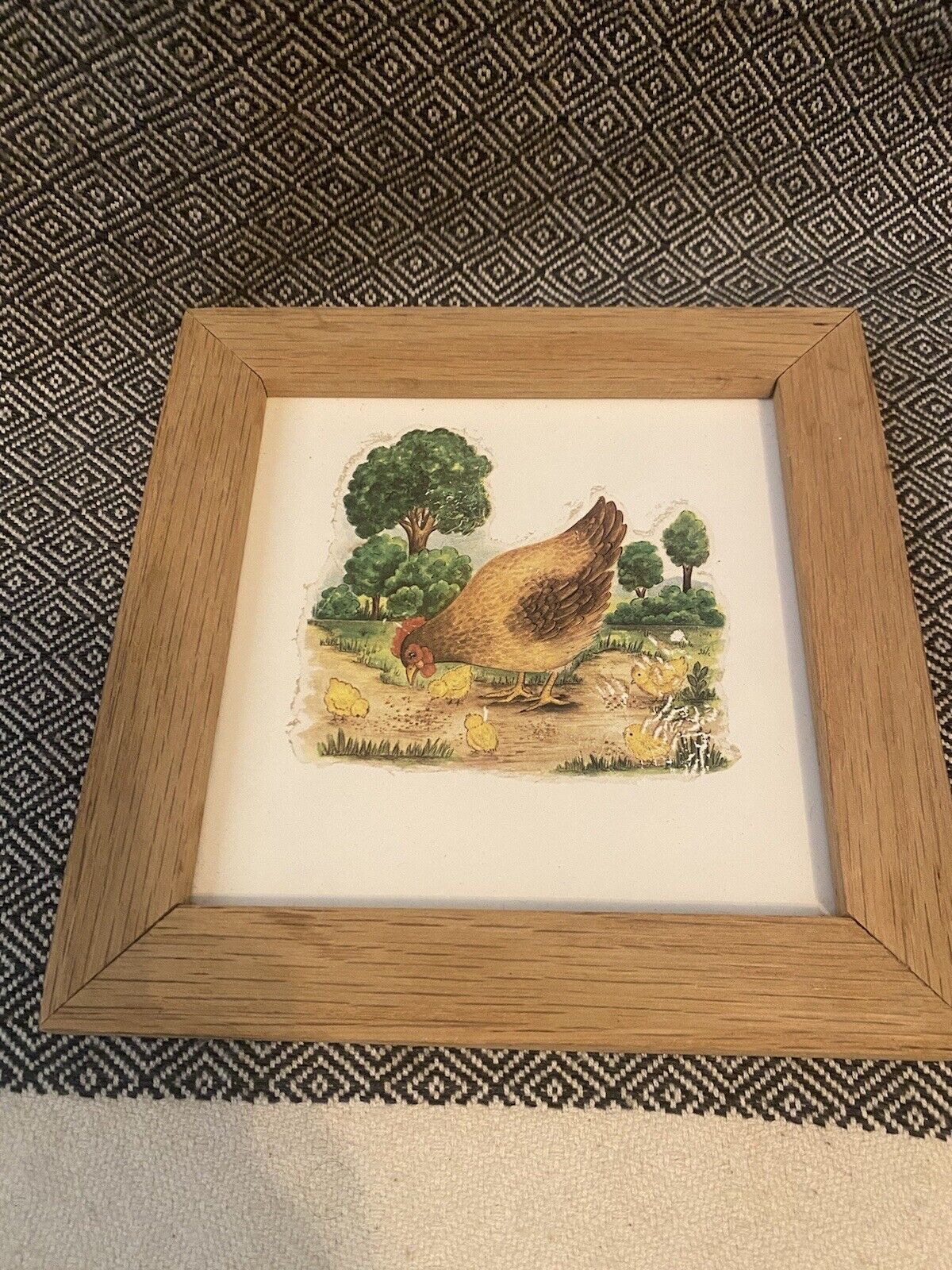 Vintage framed hanging tile made in Mexico, mother hen with five small chicks