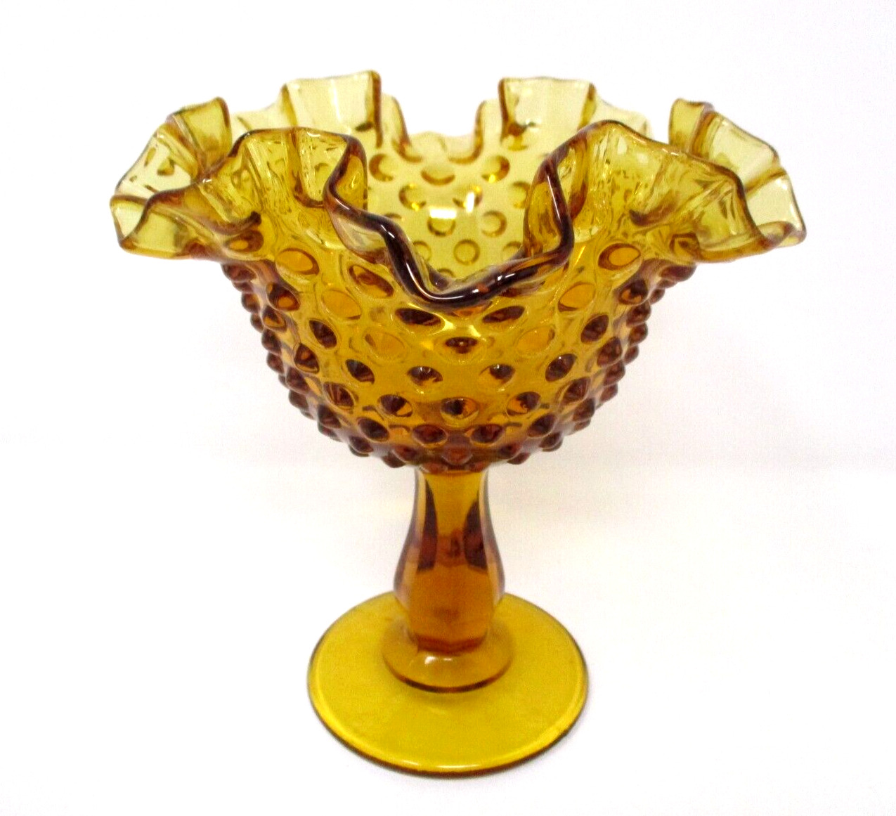 Vintage Amber Glass Hobnail Ruffle Edge Compote Footed Pedestal Bowl Candy Dish