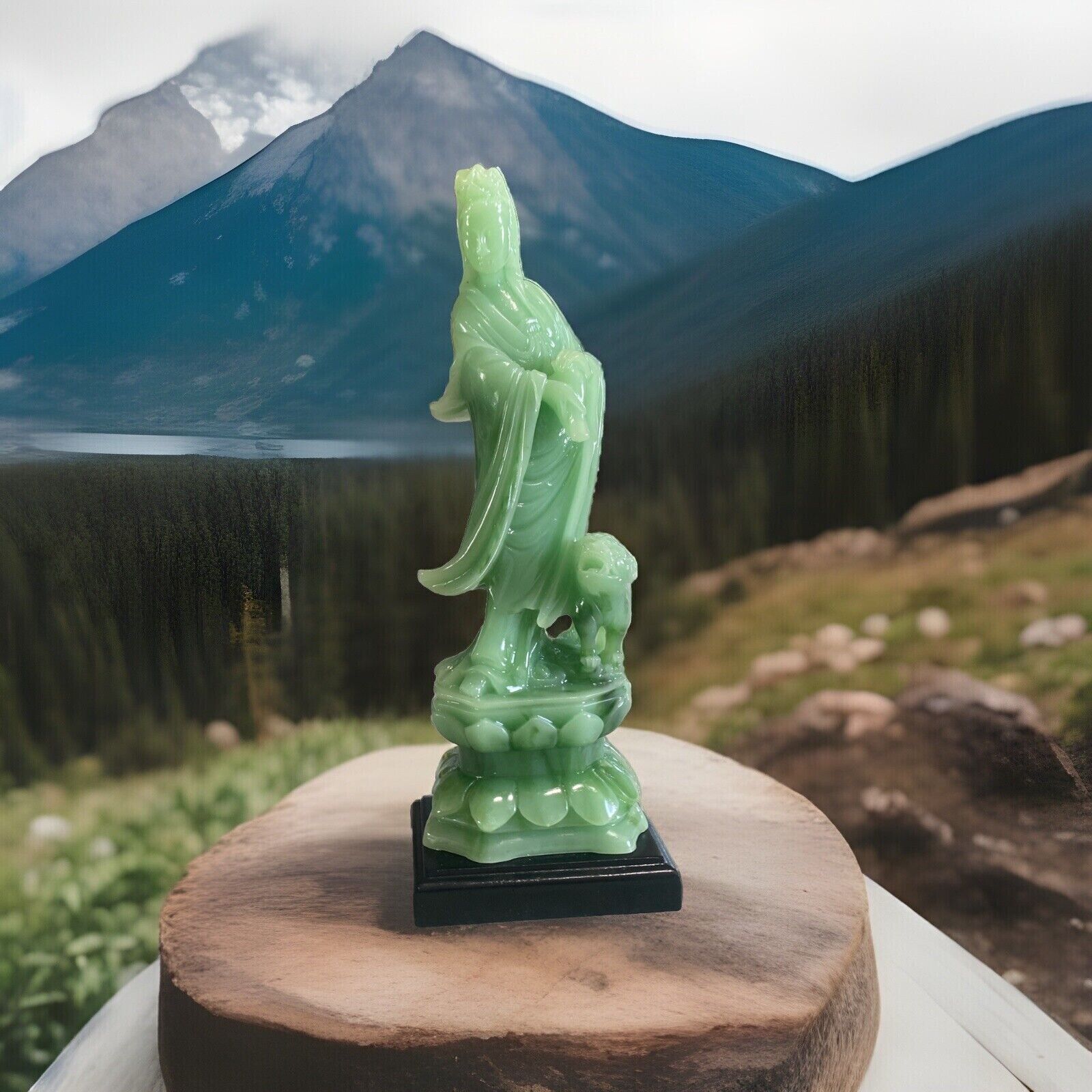 Faux Jade Green Statue Figure On Lotus Pedestal W/ Foo Dog