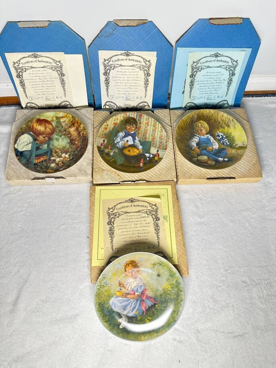 Lot of 4 Reco Porcelain Collector Plates Little Jack Horner, etc + certificates