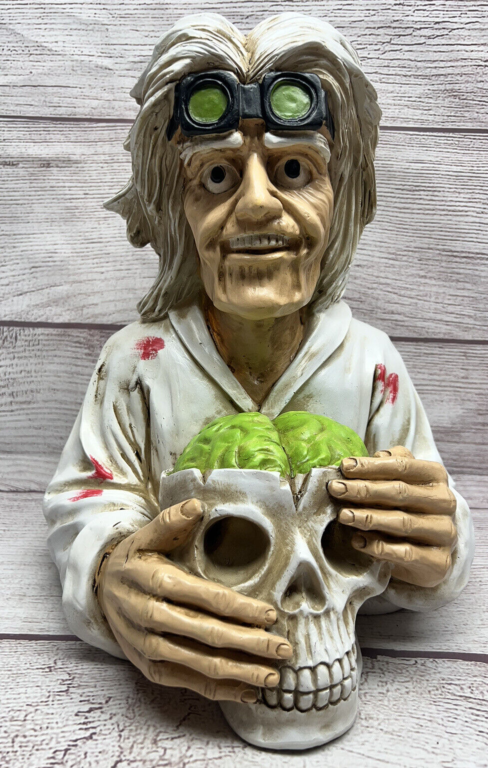 Creepy Scary Mad Scientist Skull Head Halloween Tabletop Light Up Statue 13 Inch