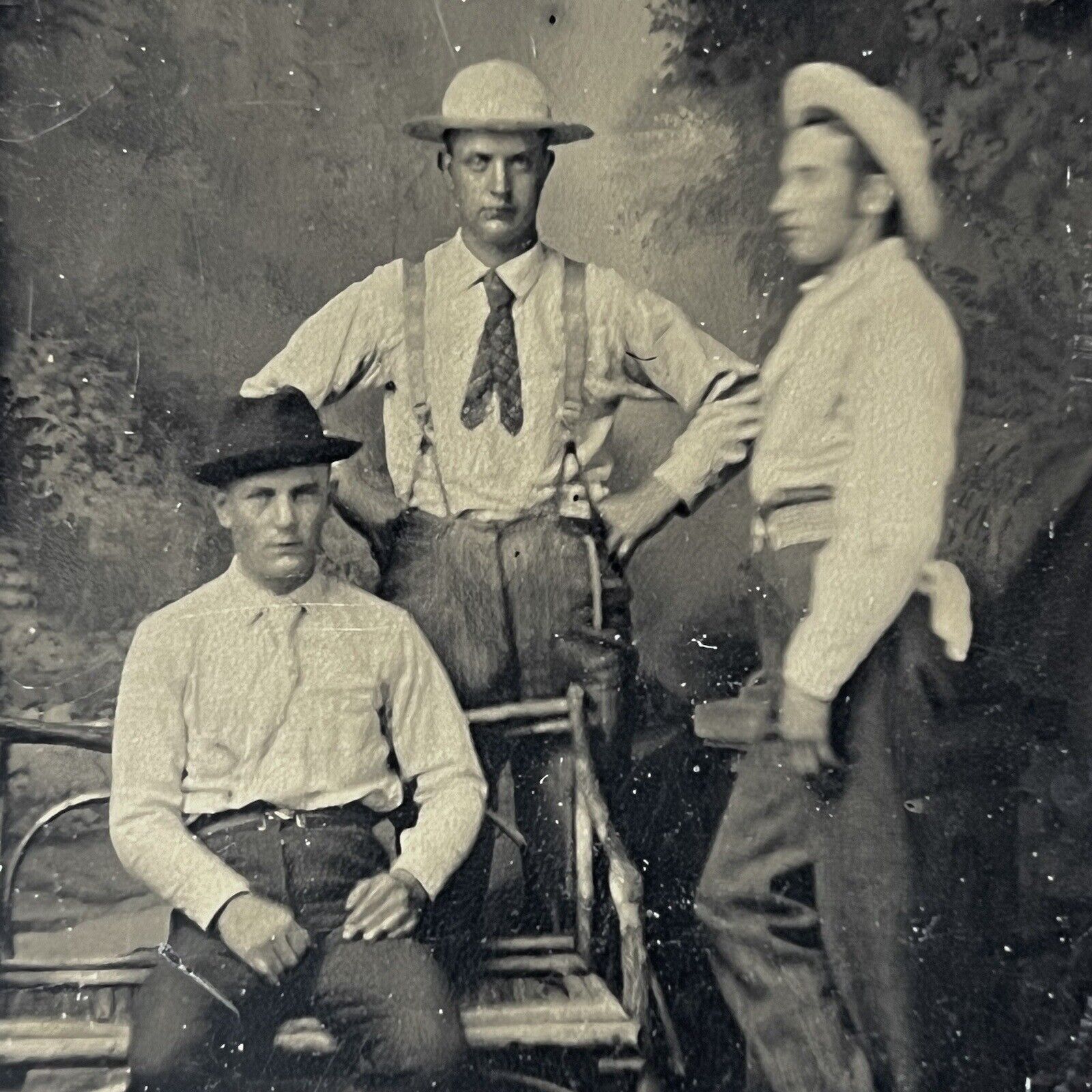 Antique Tintype Photograph Handsome Young Men Hats Suspenders Hands On Hips