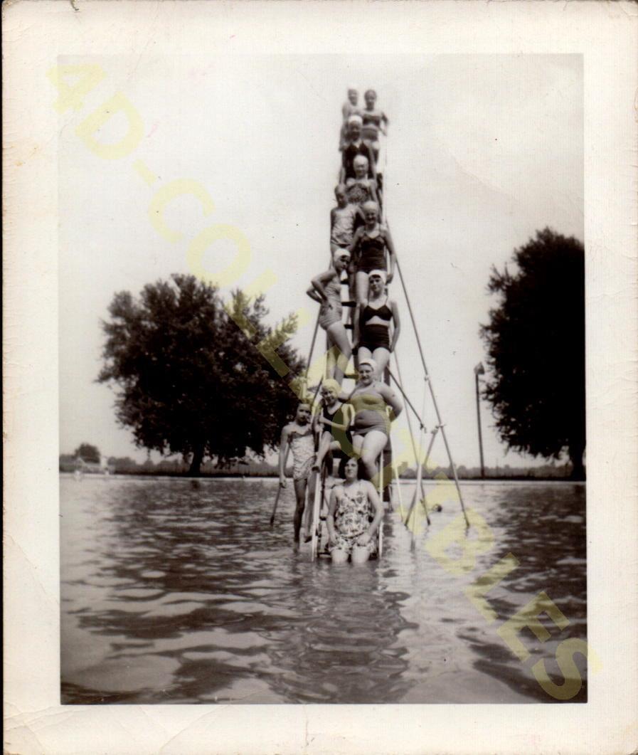 Vintage Found Snapshot Photograph  Human Pyramid Display by the Water\'s Edge