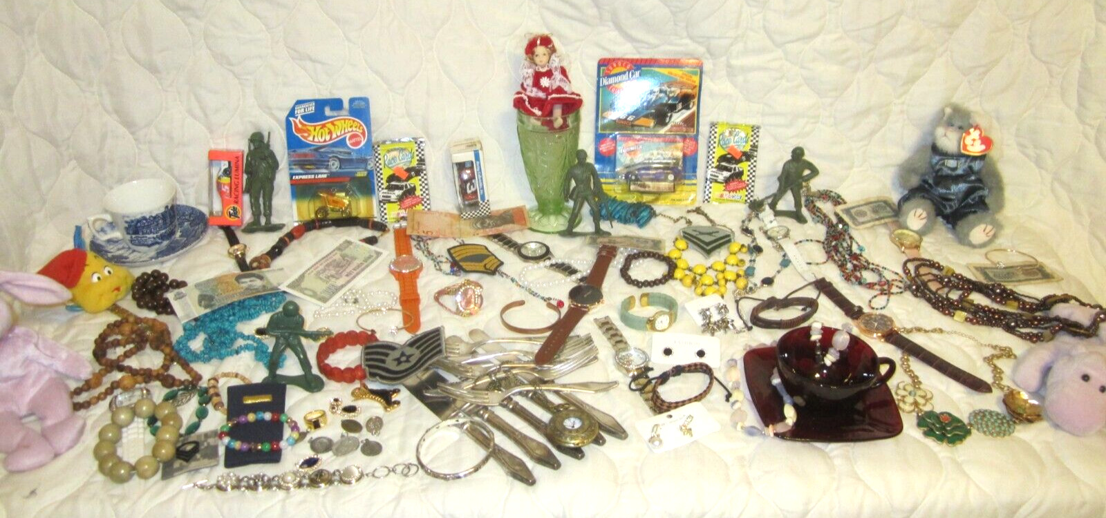 Huge Junk Drawer Lot, Watches, Wearable Jewelry, Silverplate, Vintage Glass SEE