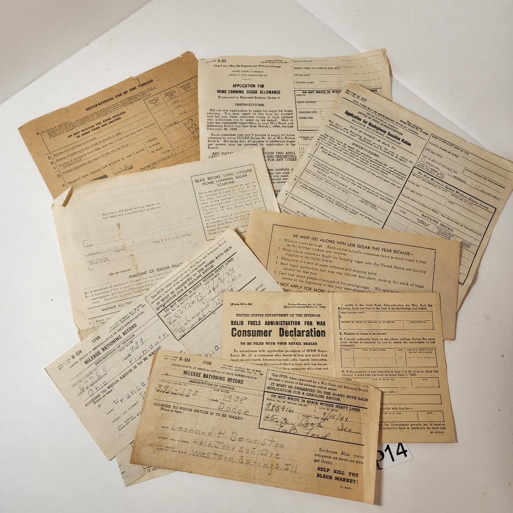 8) 1940s ration papers sugar rations mileage forms paper ephemera lot P14