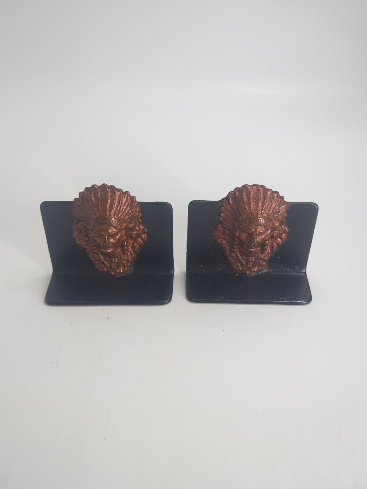 Vintage Iron Native American Indian Chief Headdress Book Ends Set Of 2