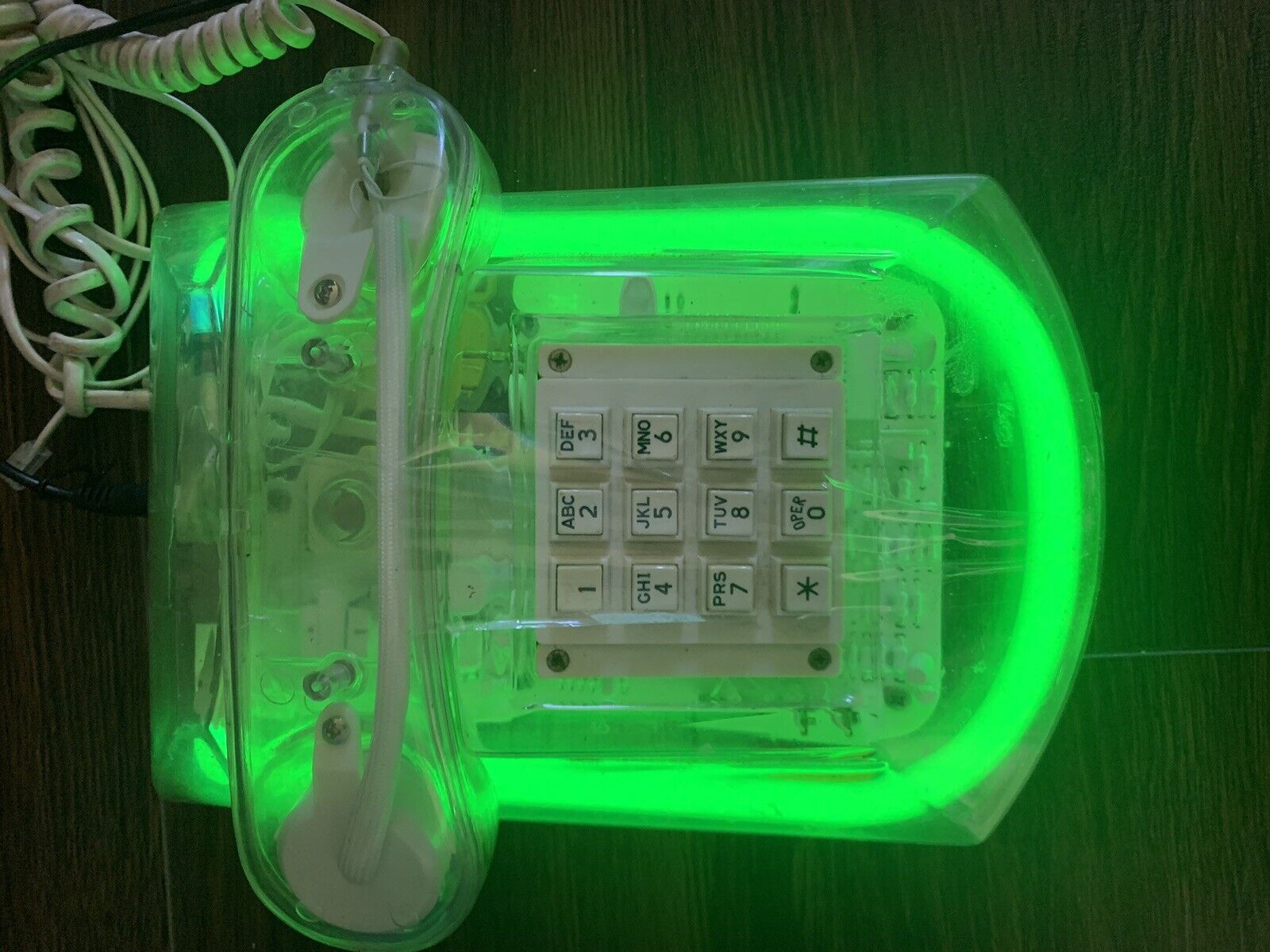 VTG 1980's ROXANNE 9221-8 Clear Lucite Light Up NEON Green Push Button Phone