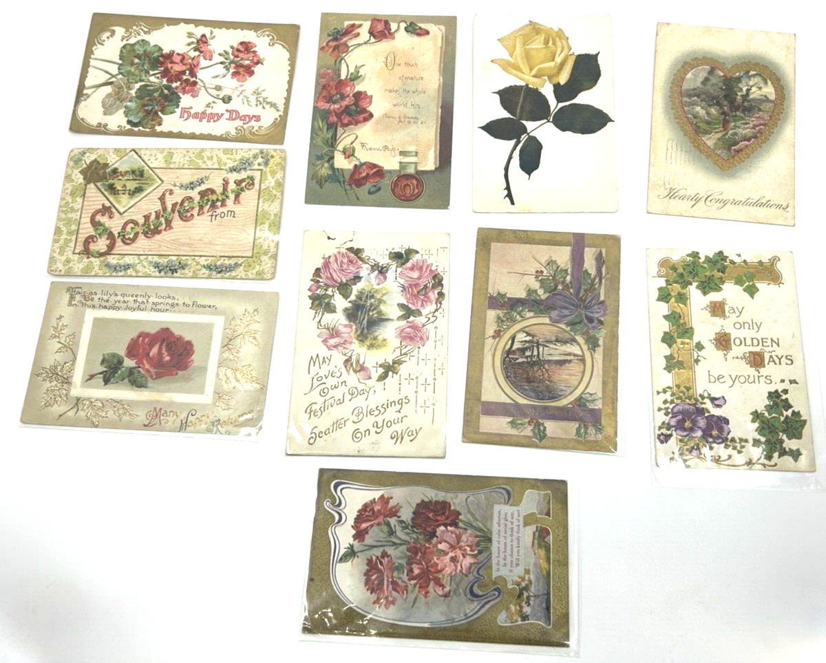 Antique Lot 10 Postcards Embossed GREETINGS~ FLOWERS Wishes 1909-11 Vintage Old3