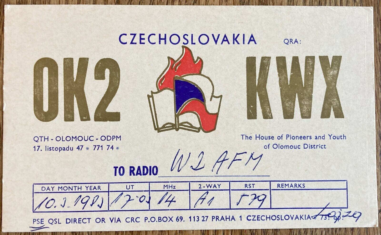 QSL Card Olomouc Czechoslovakia House of Pioneers and Youth of Olomouc District