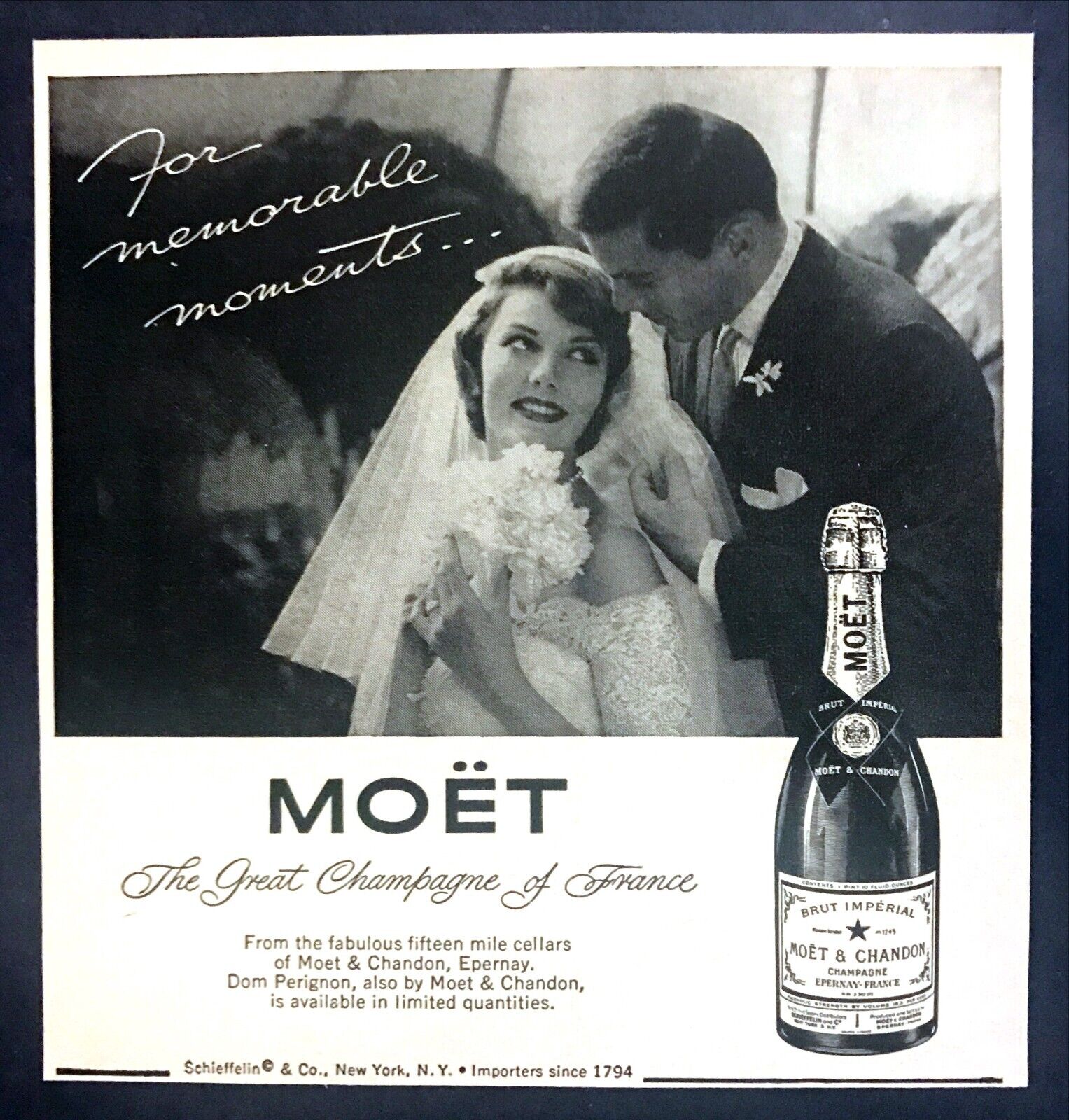 1959 Bride & Groom photo Memorable Moments Moet Champagne promo print ad