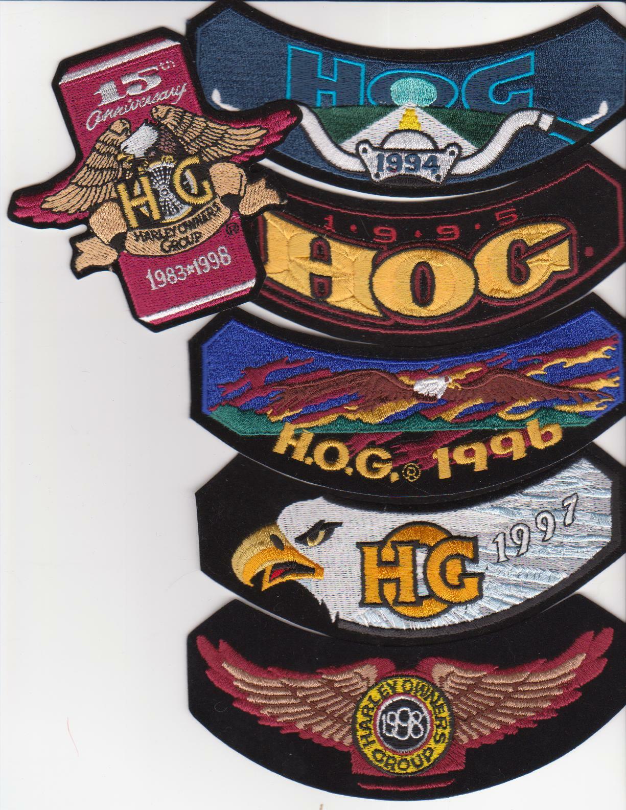 HOG 1994, 1995, 1996, 1997, 1998, & 15th Anniversary patches HARLEY OWNERS GROUP