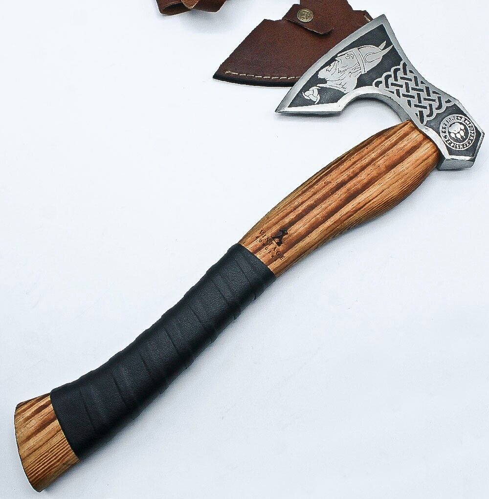 Handmade Etched High Carbon Steel Blade Viking Axe - Leather Wrapped Handle
