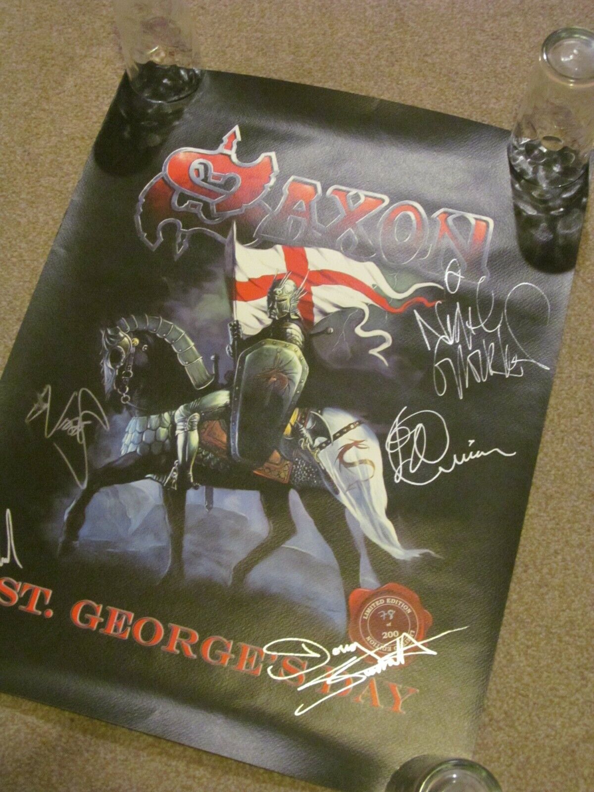 SAXON ST GEORGES DAY FULLY SIGNED / AUTOGRAPHED  LYTHOGRAPH POSTER BIFF NIGEL 