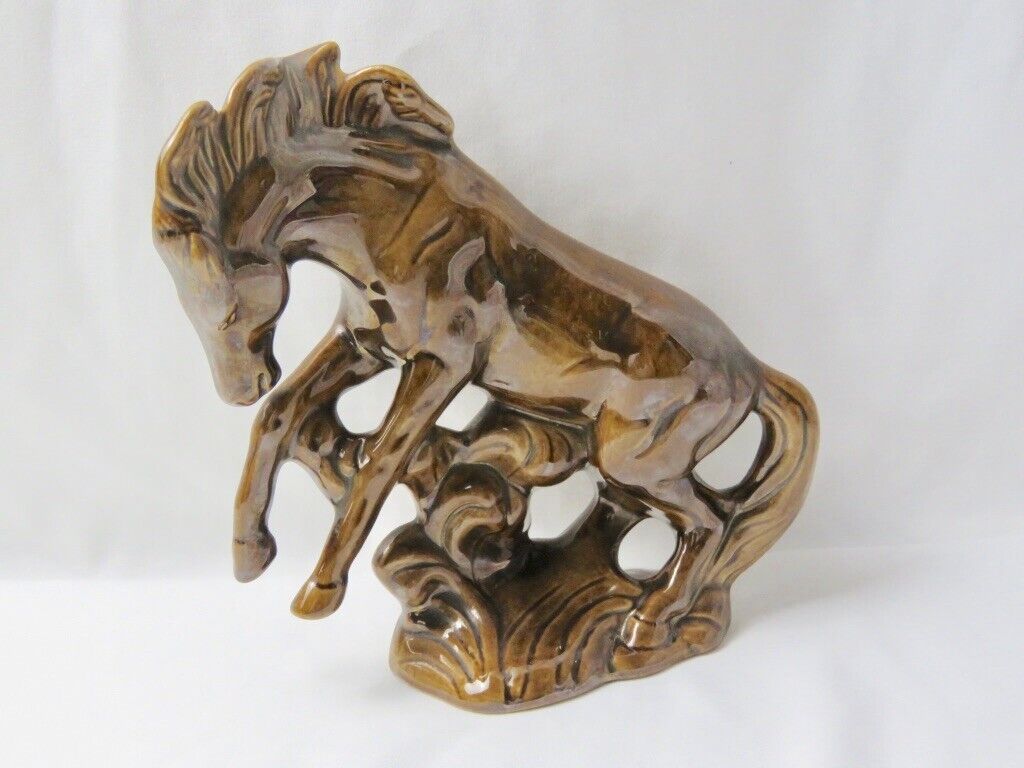 Vintage 1980s Hobbyist Ceramic Pottery Stallion Horse Figurine Brown Glaze Dated