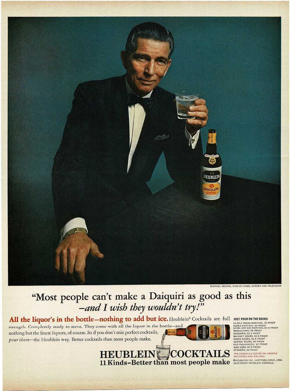 1964 HEUBLEIN Cocktail daiquiri Michael Rennie Vintage Print Ad