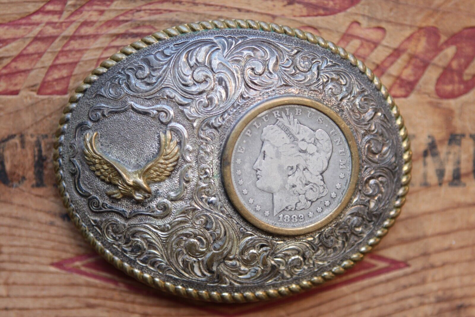 Vintage Rare Flying Eagle Morgan Silver Dollar 1882 Western Belt Buckle