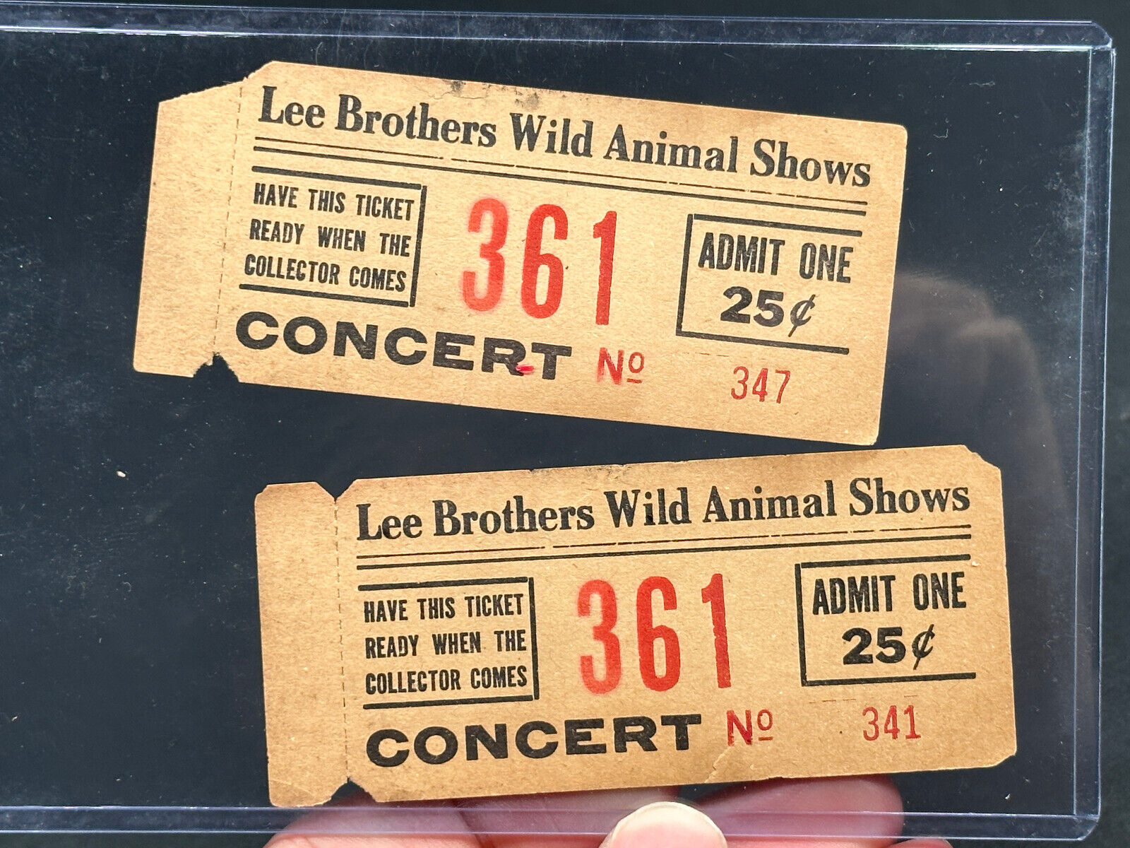 Pair (x2) 1920\'s Lee bros Wild Animal Shows Circus Carnival Tickets