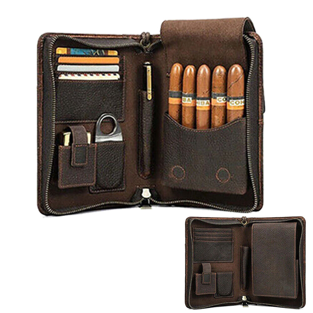 Genuine Leather Passport Cigar Case Travel Humidor Set Lighter Cutter Pocket box