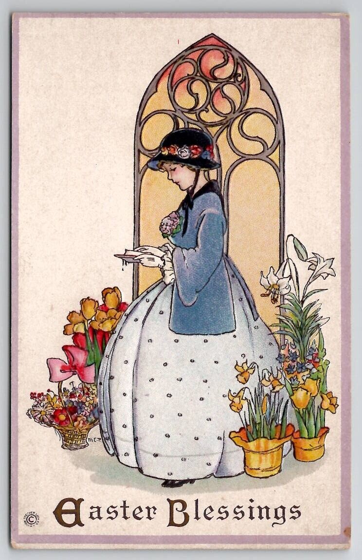 Margaret Evans Price MEP Pretty Lady Church Stained Glass Flowers Postcard S26