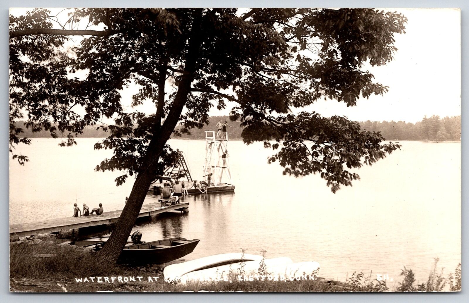 Eastford CT Diving Platform~Lake Waterfront~Boat~Fishing~Swimming~1950s RPPC