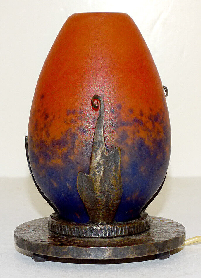 1920\'s Antique ROBJ Art Glass PERFUME LAMP Night Light WROUGHT IRON BASE Nouveau