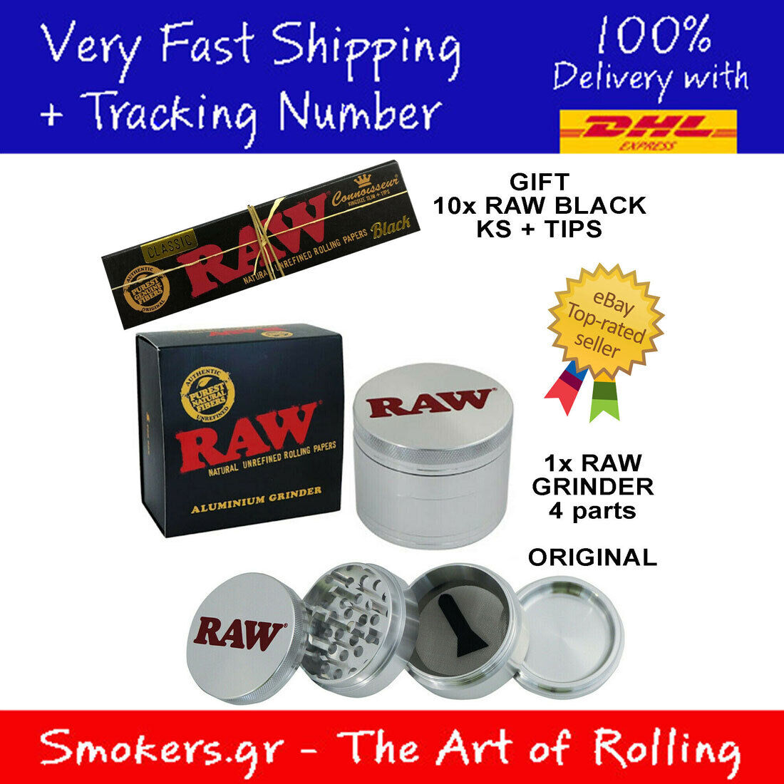 1x Original RAW Grinder  Aluminium 4 parts + Giftbox + 10x RAW BLACK KS + TIPS