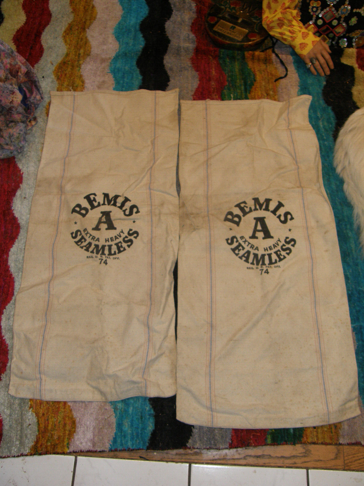 Two Bemis A Extra Heavy Seamless Feed Sack nice bright logos no holes or patches