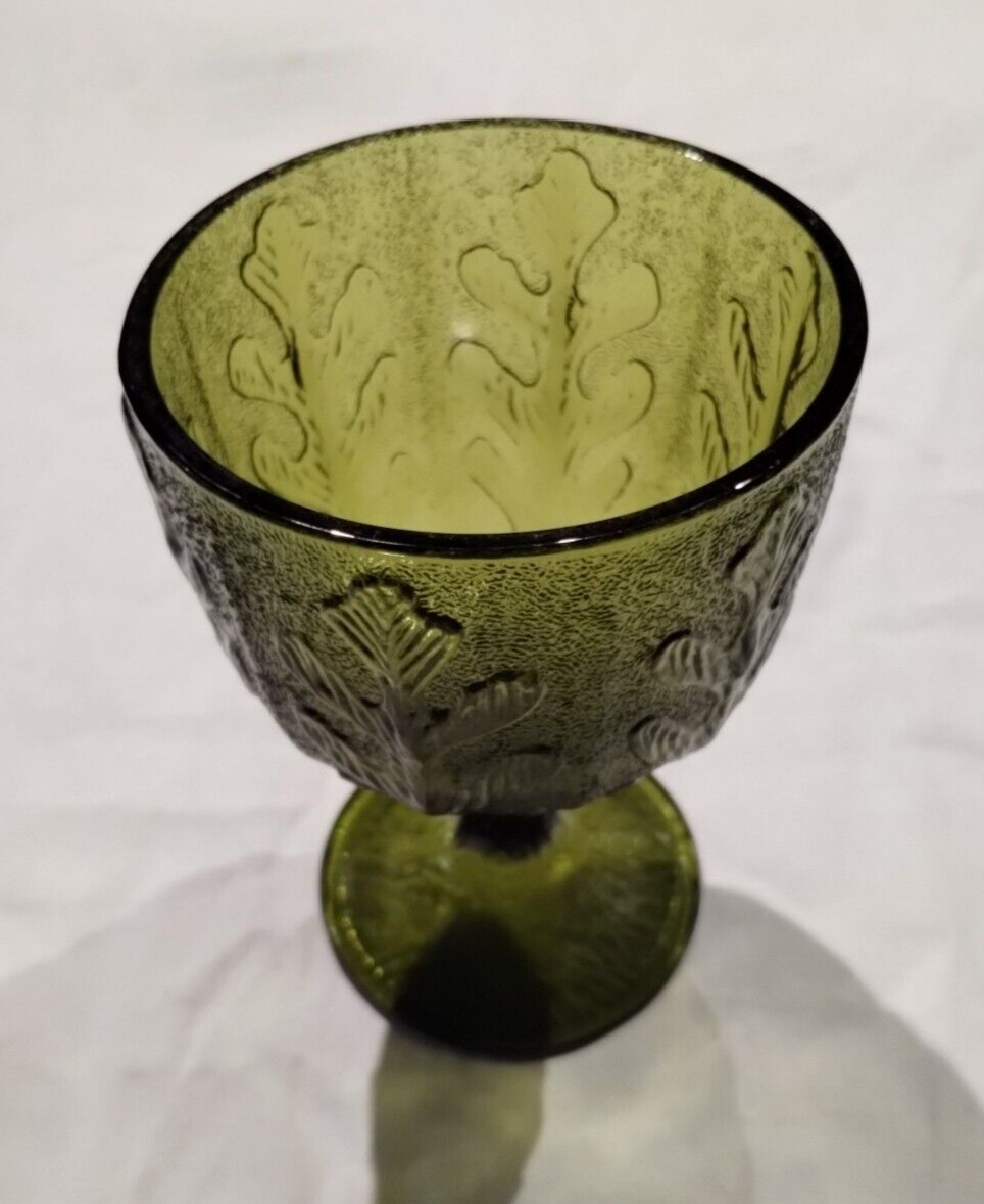 Vintage FTD 1975 Avocado Green Oak Leaf Pattern Glass Goblet Cup Vase