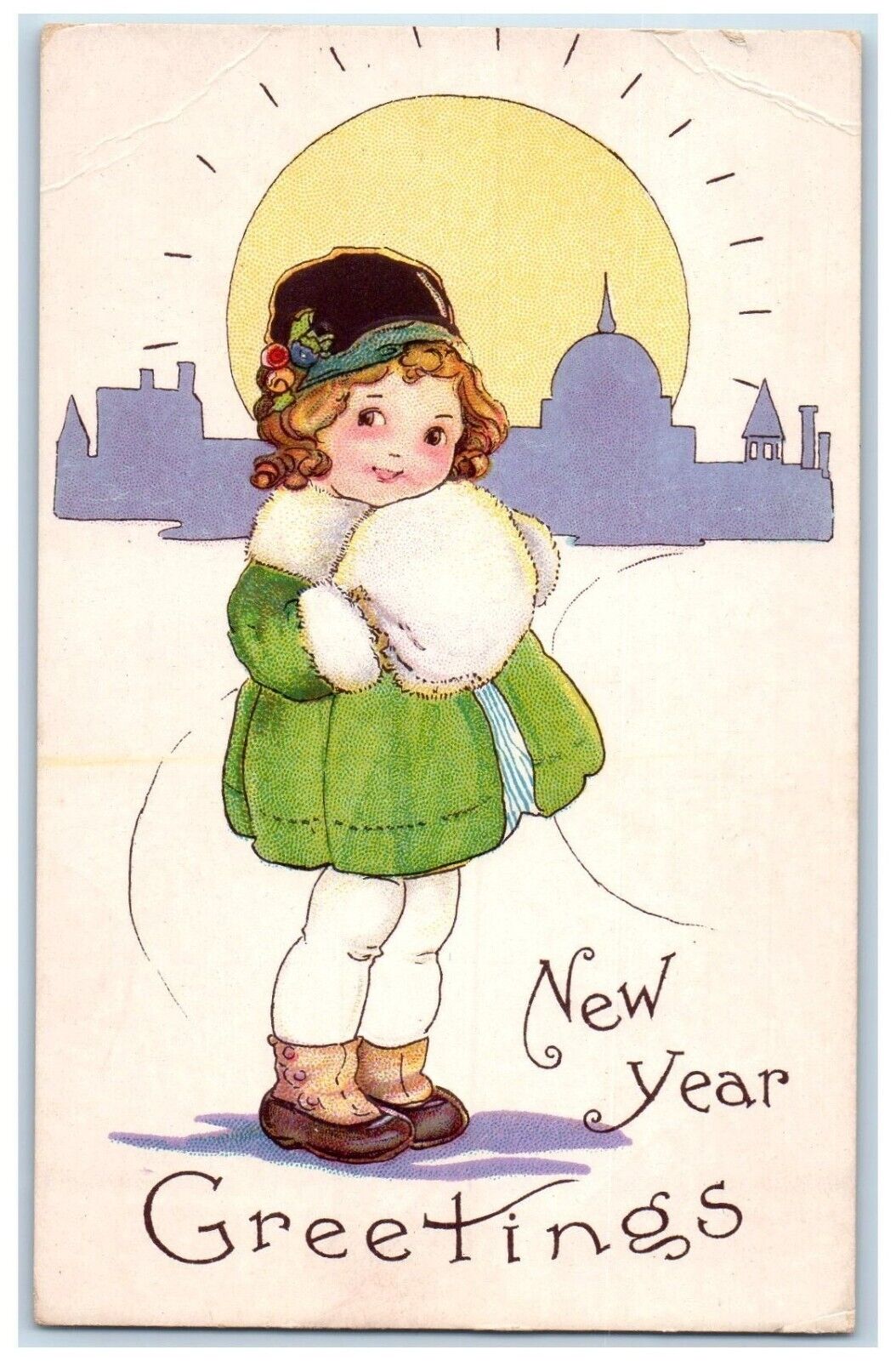 c1910's New Year Greetings Cute Girl Handwarmer Sun Embossed Antique Postcard