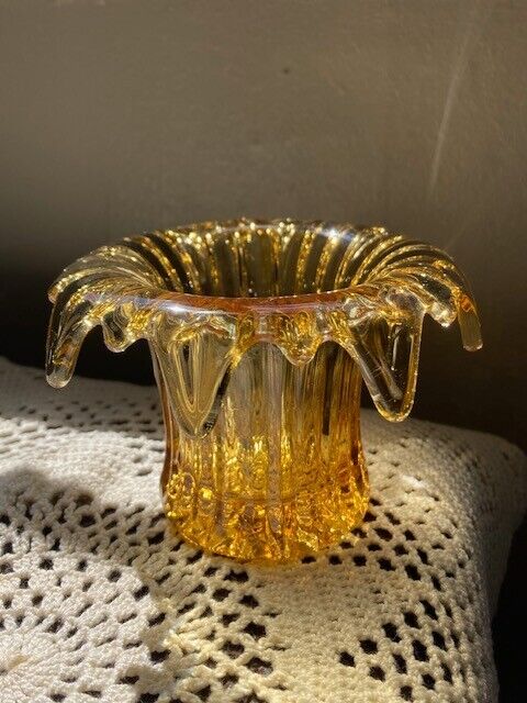Vintage Sowerby 3 inch amber votive holder 'Iris Posy' pattern