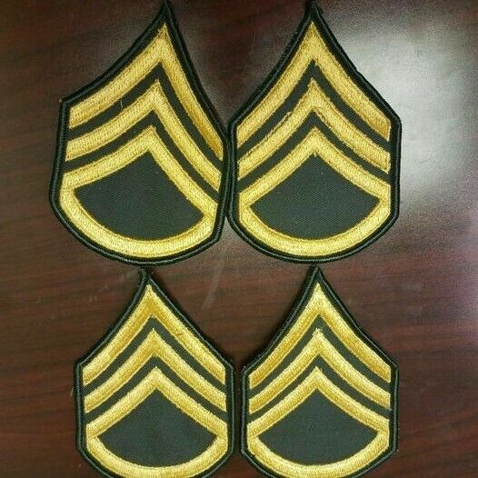 4 GENUINE U.S. ARMY CHEVRON: STAFF SARGENT - GOLD EMBROIDERED ON GREEN, MALE
