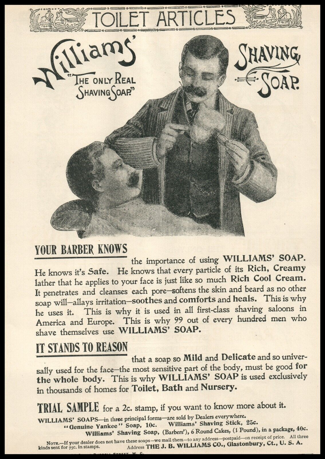 1896 Williams Shaving Soap Men\'s Barbershop Bath Nursery Full Page 9x6.25 8315