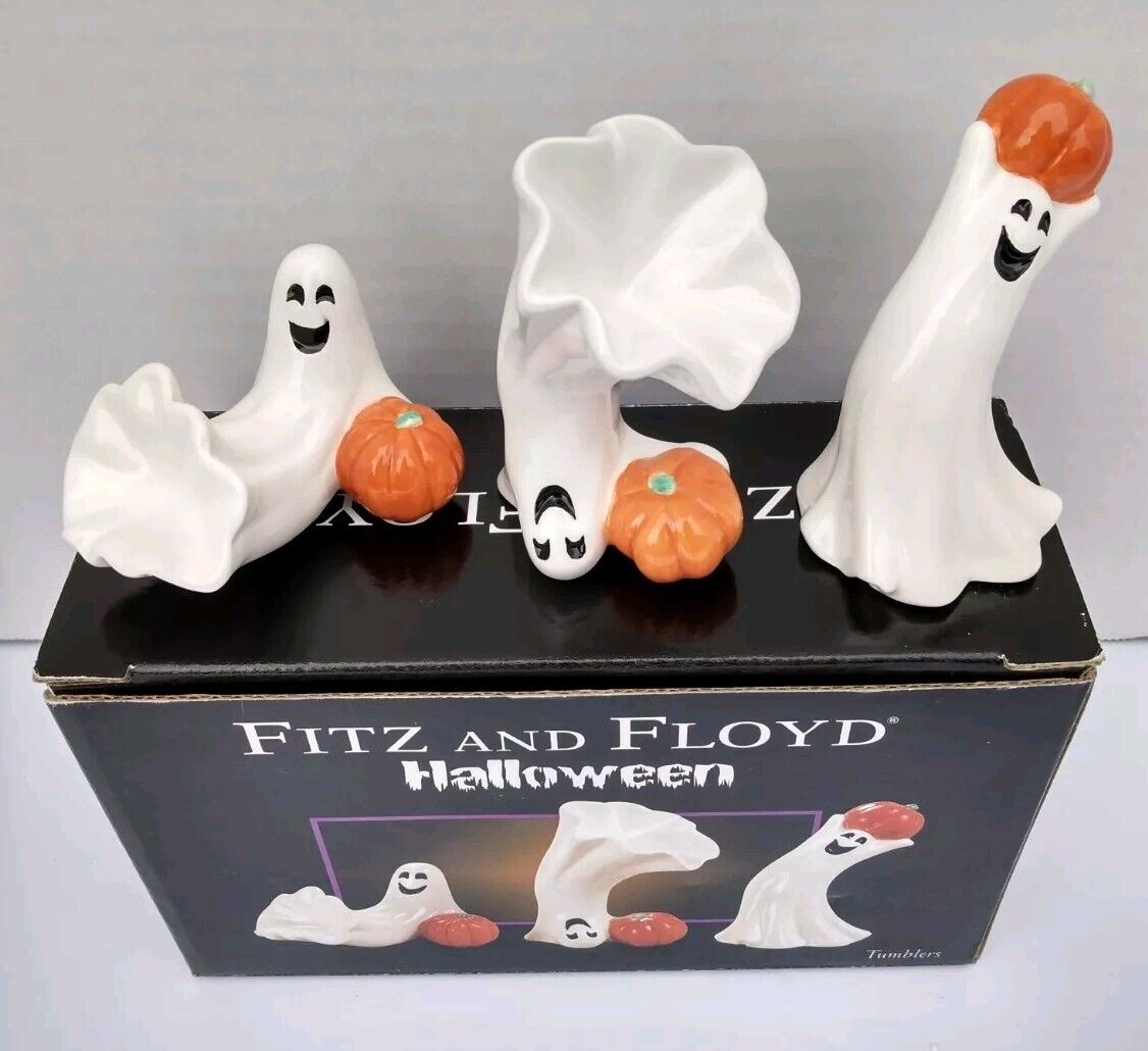 Fitz and Floyd Tumbling Ghost & Pumpkin Trio Ceramic Halloween 2004 Tumblers