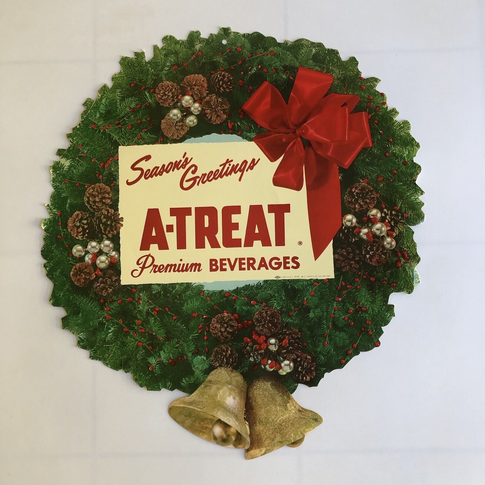 Vintage A-TREAT SODA POP BEVERAGES CHRISTMAS WREATH STORE SIGN SEASONS GREETINGS