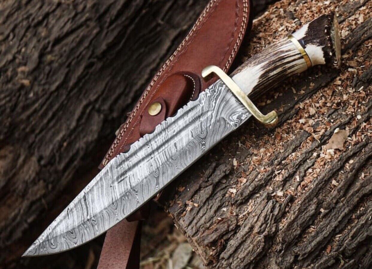 AB CUTLERY CUSTOM HANDMADE DAMASCUS BOWIE KNIFE HANDLE BRASS CLIP AND STAG CROWN