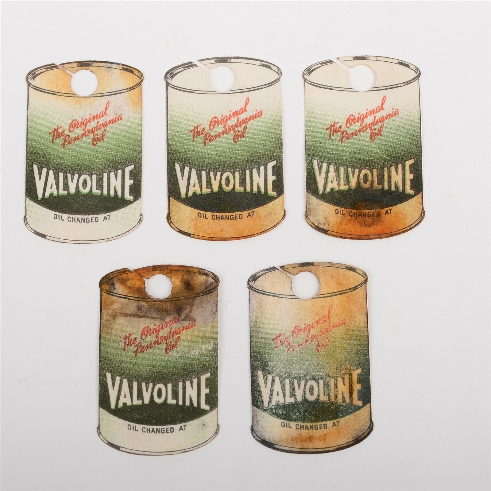 Original 1940s 1950s Valvoline Oil Change Maintenance Hang Tags LOT of 5 PATINA