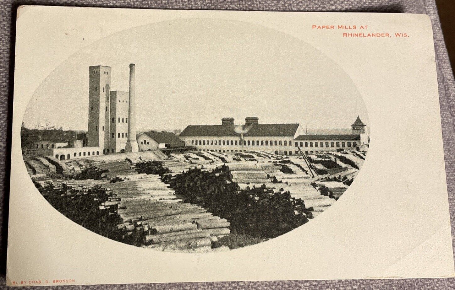 Rhinelander WI Paper Mills Logging Printed Postcard Wisconsin Early 1900’s.