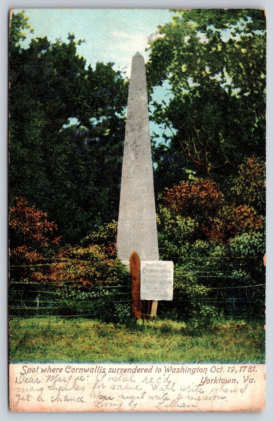 Yorktown VA~Spot Where Cornwallis Surrendered To Washington~PM 1907~Vintage PC
