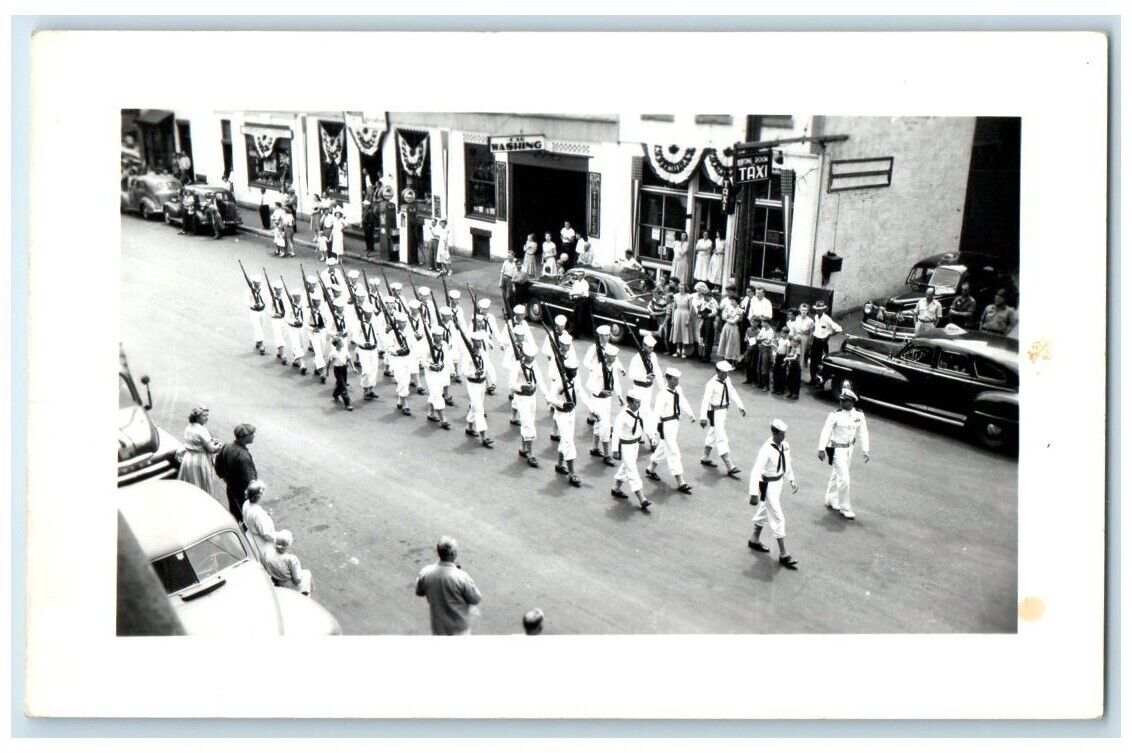 c1950\'s US Navy Patriotic Main Street Parade Belfast ME RPPC Photo Postcard