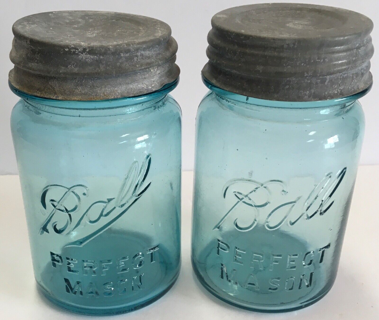 Two Vintage Blue Ball Pint Perfect Mason Jars with Ball Zinc Lids Both #2 Jars