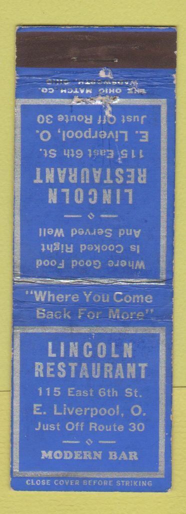 Matchbook Cover - Lincoln Restaurant East Liverpool OH WEAR