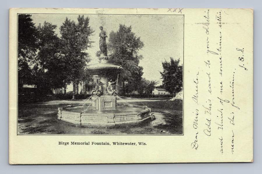 Birge Memorial Fountain WHITEWATER Wisconsin Antique UDB Postcard 1908