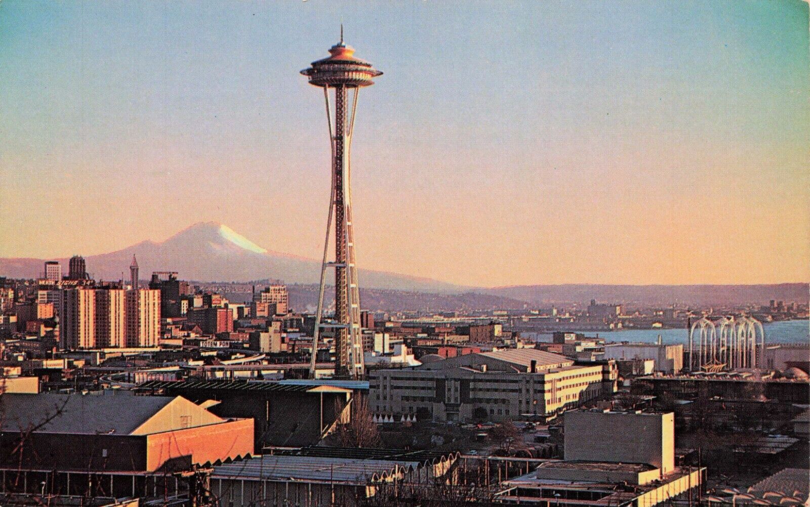 Postcard A New Landmark, The Space Needle and Mt. Rainier 1960s, Seattle WA VTG
