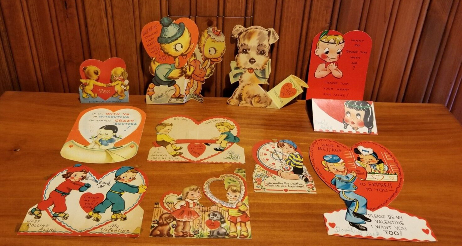 Vintage 1940s Lot of 10 Used VALENTINE\'S DAY Greeting Cards ~ Nice Variety ~